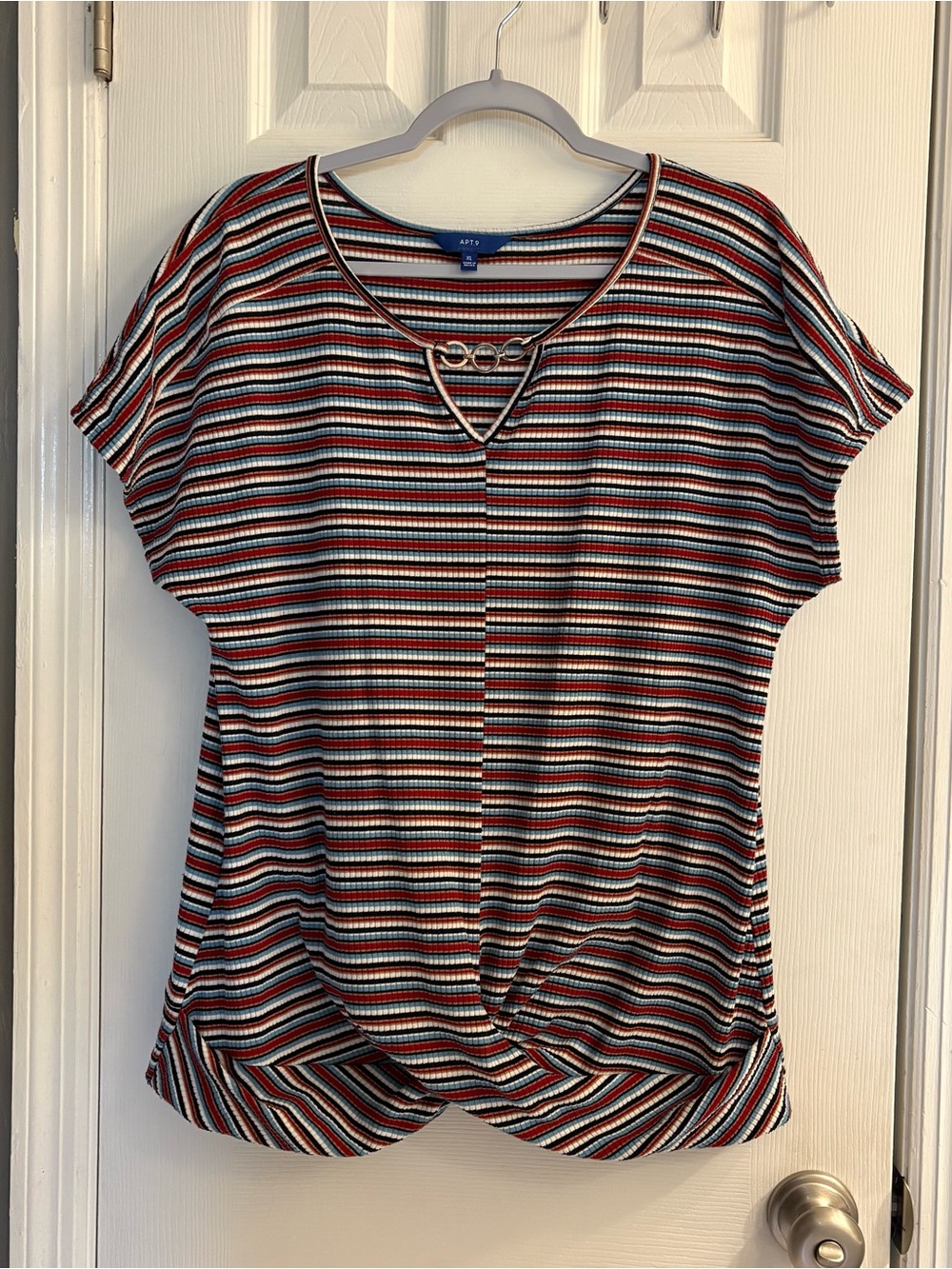 Y2K Apt 9 Women's Top XL Short Sleeve Striped O-Ring VNeck Ribbed Knit Twist Hem
